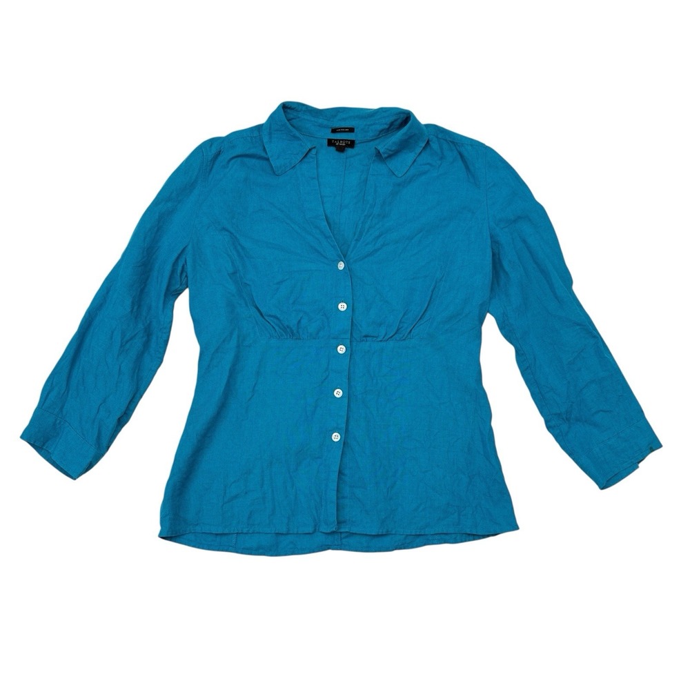Talbots Linen Top Size 6 Blue Button Front Summer Thin Knit Beach 3/4 Sleeves